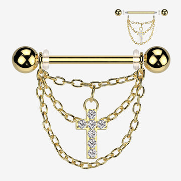 A Pair of Golden Triple Chained Sparkle Cross Nipple Barbell-Clear Gem